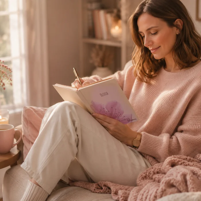 woman writing affirmations in personalized journal